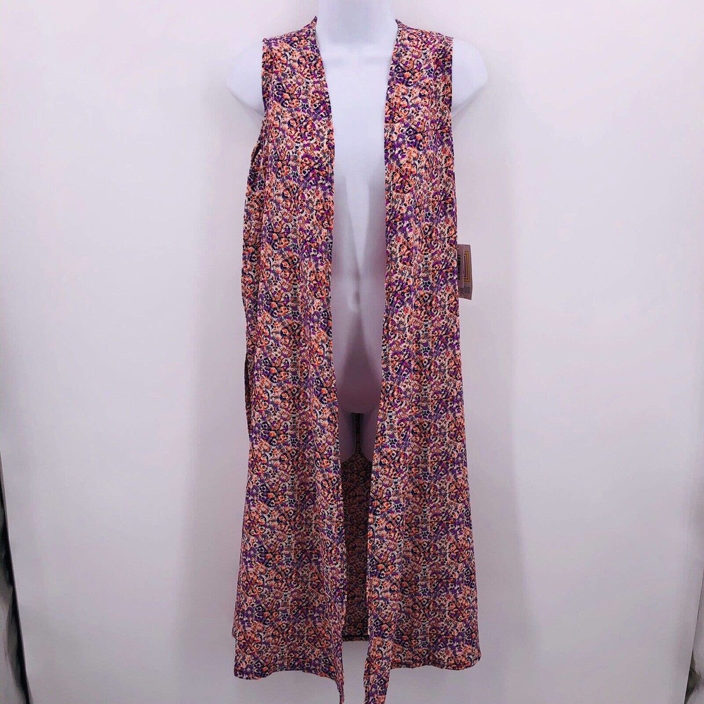 LuLaRoe Pink Duster Sz S Joy Long Vest Geometric Open Front Multicolor NWT